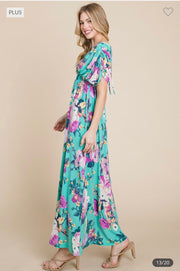 LD-F {Mellow Moment} Emerald Floral Smocked Maxi Dress PLUS SIZE 1X 2X 3X
