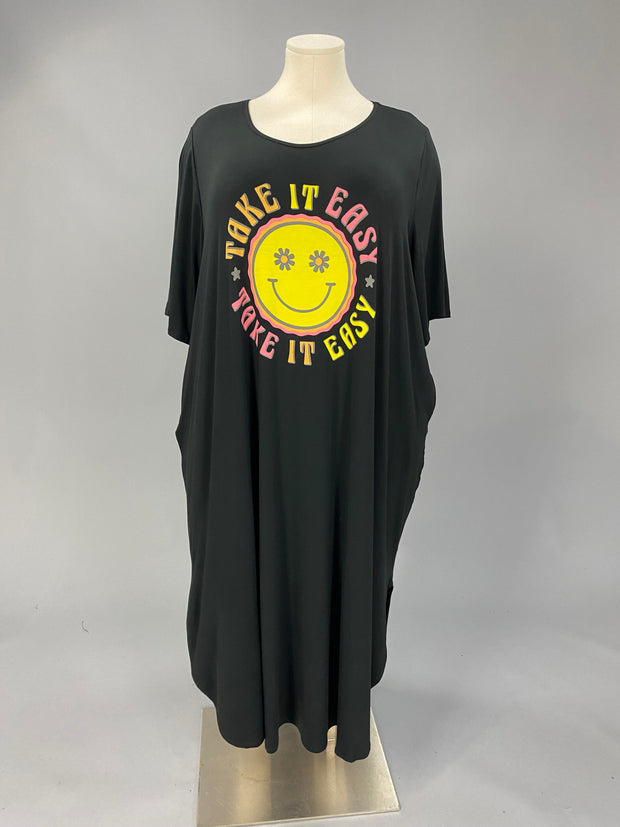 LD-U {Take It Easy Smiley}  SALE! Black Graphic Print Dress CURVY BRAND!!!!  EXTENDED PLUS SIZE XL 2X 3X 4X 5X 6X