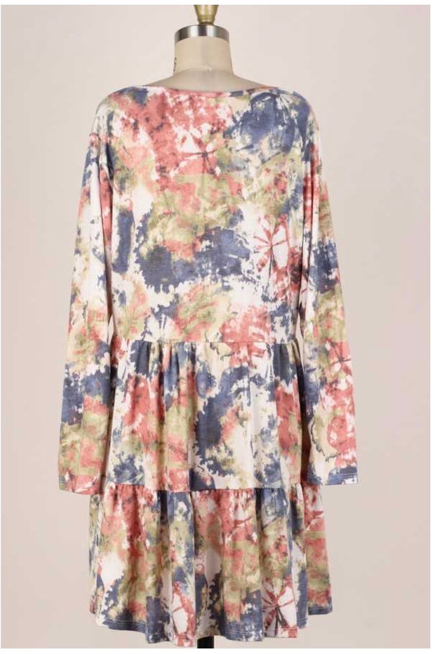 49 PLS-C {Finding Love} Ivory Green Blue Abstract Tiered Dress PLUS SIZE XL 2X 3X