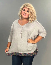 cp-X {Walk Me Home} Gray Floral Contrast Hi-Lo Ruffle Hem Top 2X