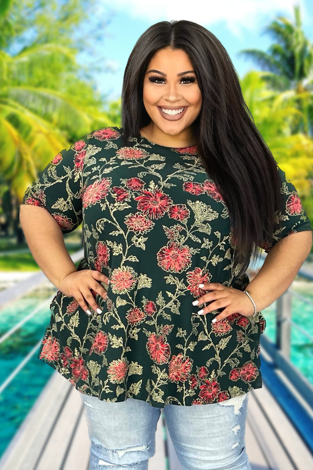 93 PSS-Z {Subtly Sweet} Dark Olive Floral Top EXTENDED PLUS SIZE 3X 4X 5X