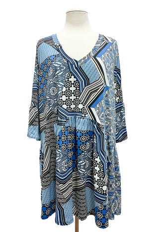30 PSS-I {Blue On My Mind} Blue Mixed Print Babydoll Top EXTENDED PLUS SIZE 3X 4X 5X