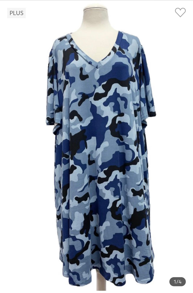 53 PSS-G {Dress Blues} SALE!! Blue Camo V-Neck Dress EXTENDED PLUS SIZE 3X 4X 5X