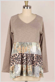 89  CP-D {Smitten} Tan/Print Multi-Tiered Top PLUS SIZE 1X 2X 3X