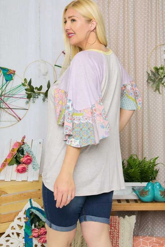 24 CP-V {Light The Way} Yellow/Lilac Floral Sleeve Top PLUS SIZE XL 2X 3X