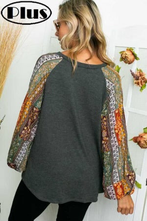 32 CP-H {Charming Distraction} Charcoal Floral Print Top PLUS SIZE 1X 2X 3X
