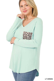 70 CP-H {Change Is Coming} Green Top w/Leopard Pocket PLUS SIZE 1X 2X 3X