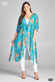 LD-S {Pretty Much Perfect} Jade Floral Tie Waist Kimono PLUS SIZE 1X 2X 3X