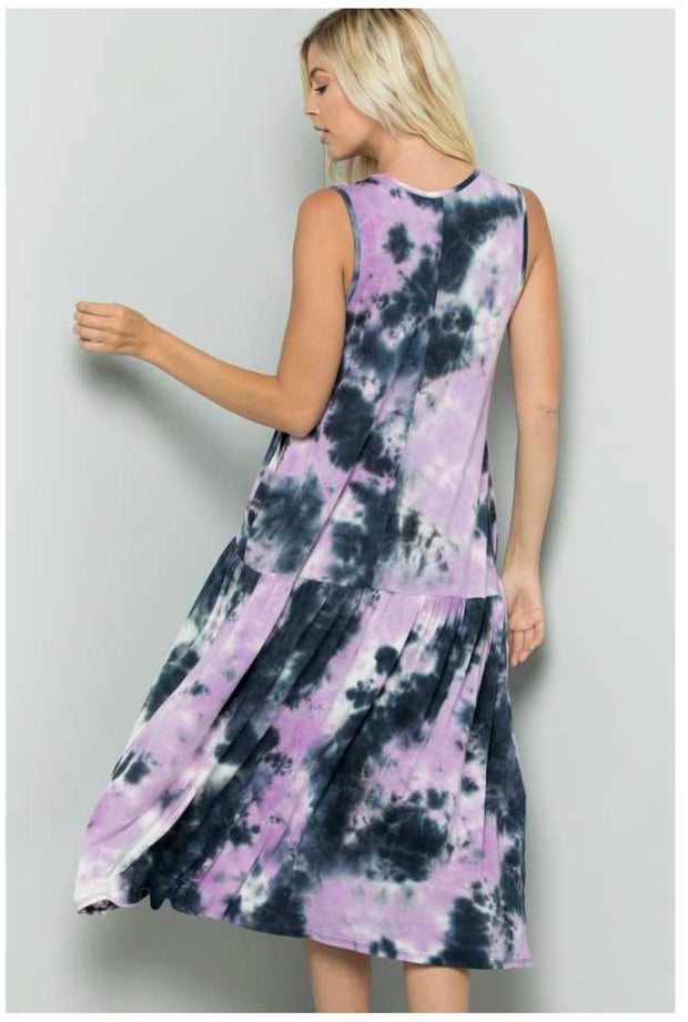 LD-B {Calming Vibes} Navy/Lavender Tie Dye Sleeveless Dress PLUS SIZE 1X 2X 3X