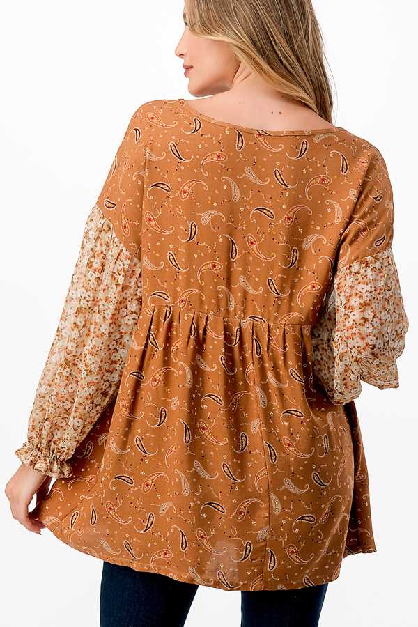 28 CP {Girl On The Go} Camel Paisley Print Top w/Floral Sleeves PLUS SIZE 1X 2X 3X