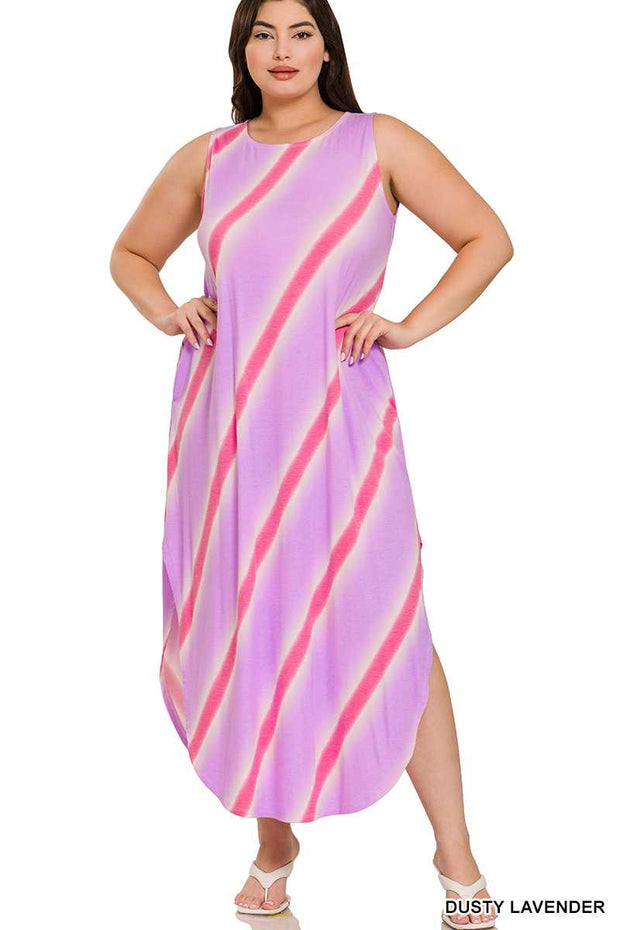 LD-O [Big Adventure} Lavender Stripe Print Maxi Dress PLUS SIZE 1X 2X 3X