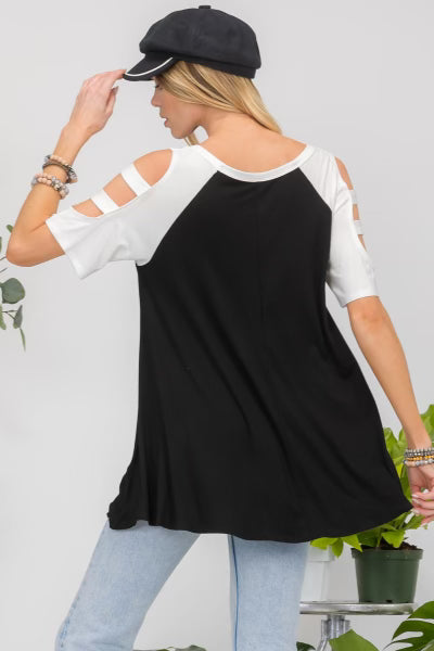 61 OS-A {Ladder Fun} Black/Ivory Ladder Sleeve Top  SALE!!!! PLUS SIZE XL 2X 3X