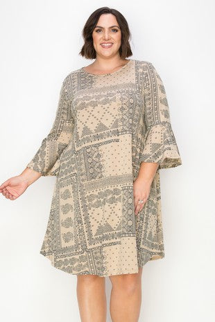 37 PQ {Simple But Elegant} Taupe/Grey Print Dress EXTENDED PLUS SIZE 3X 4X 5X