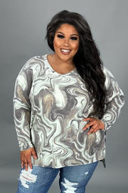 24 PLS [Saw You Looking} Olive/Grey Marbled Print Top PLUS SIZE 1X 2X 3X