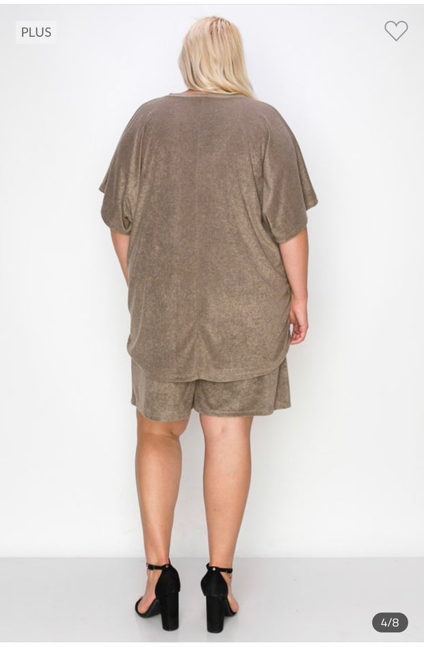 82 SET-A {Turn To Comfort} Mocha French Terry Short Set PLUS SIZE 3X 4X 5X