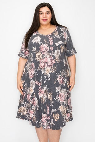 13 PSS-A {Be My Guest} Charcoal Floral V-Neck Dress EXTENDED PLUS SIZE 3X 4X 5X