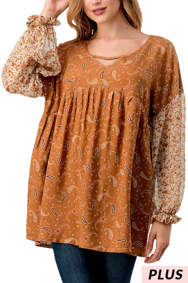 28 CP {Girl On The Go} Camel Paisley Print Top w/Floral Sleeves PLUS SIZE 1X 2X 3X