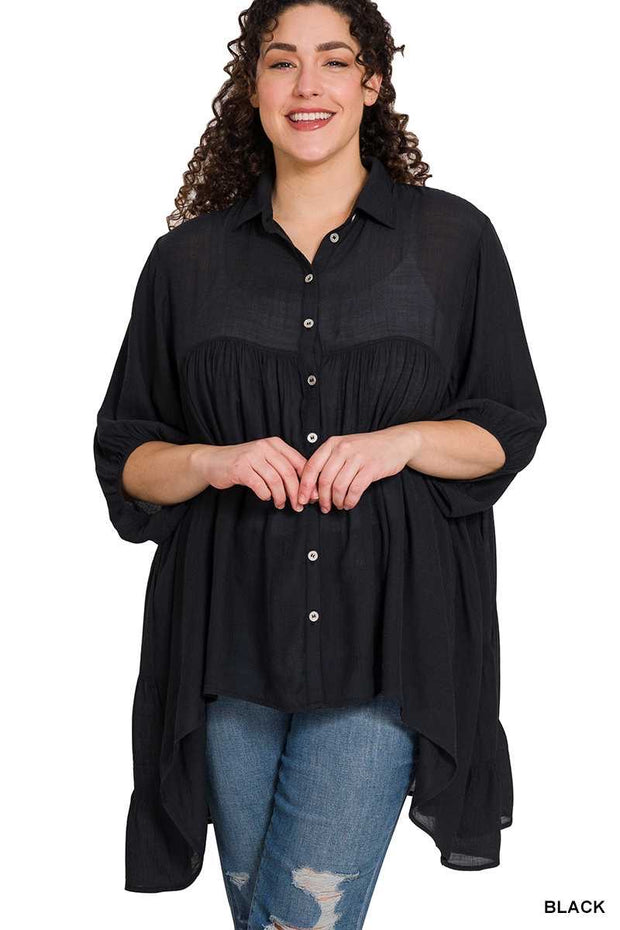 29 SSS-C {Keep Me Busy} Black Hi/Low Buttoned Tunic PLUS SIZE 1X 2X 3X
