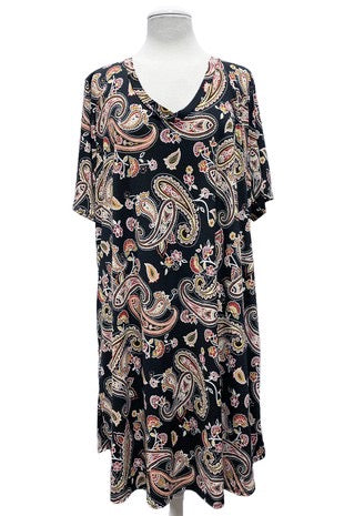 53 PSS-Z {Small Changes} Black Paisley Print V-Neck Dress EXTENDED PLUS SIZE 3X 4X 5X
