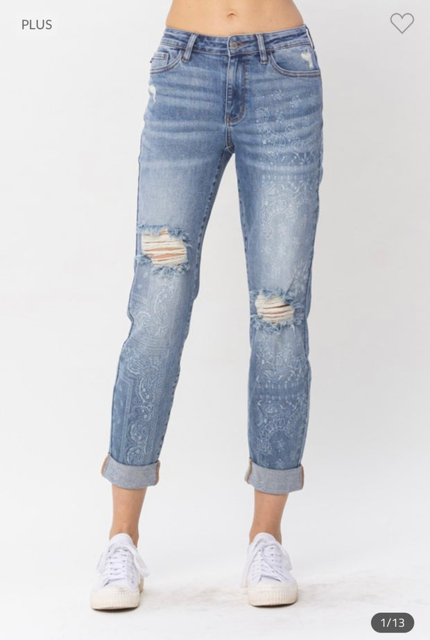 LEG-78  {Judy Blue} Medium Destroy & Paisley Print Jeans EXTENDED PLUS SIZE 16W  18W  20W  22W  24W