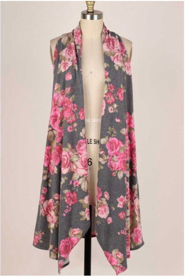 48 OT-A {Everywhere You Go} Charcoal Rose Print Soft Knit Vest PLUS SIZE XL 2X 3X