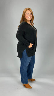 56 SLS-H {Cozy Nights} Black V-Neck Long Sleeve Top PLUS SIZE 1X 2X 3X