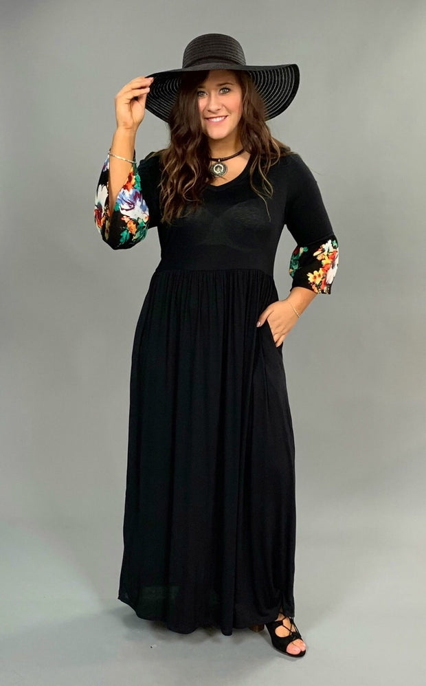 LD-U {Alright Already} Black Maxi Dress with Floral Bell Sleeves