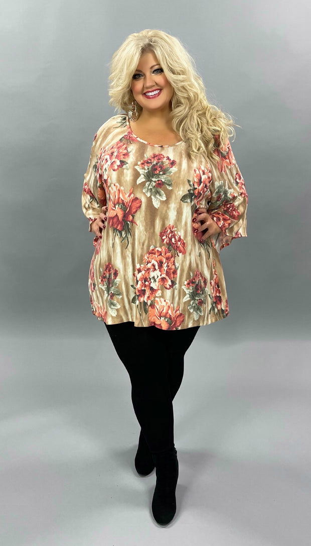 33 PQ-R {Find my way} Tan Coral Floral Bell Sleeve Tunic Plus Size 1X 2X 3X