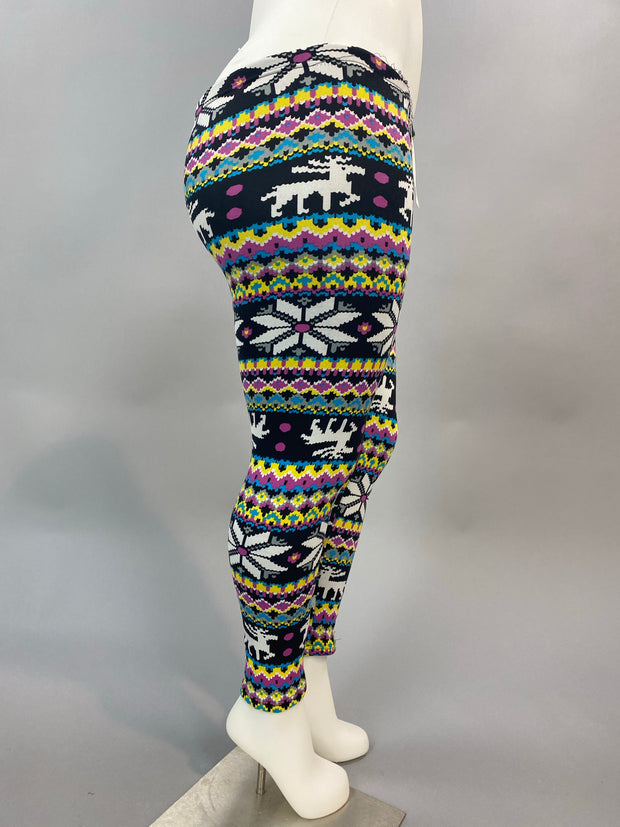 BT-99 Elderberry/Daisy Reindeer Printed  Fleece Lined Leggings SALE!!!   (runs small!) PLUS SIZE