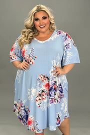 67 PSS-Q {Above The Clouds} Sky Blue Floral V-Neck Dress SALE!!!  EXTENDED PLUS SIZES 3X 4X 5X