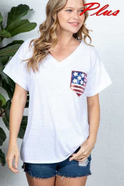76 SD-A {Lovely Freedom} White Top W/Sequinned Flag PLUS SIZE 1X 2X 3X