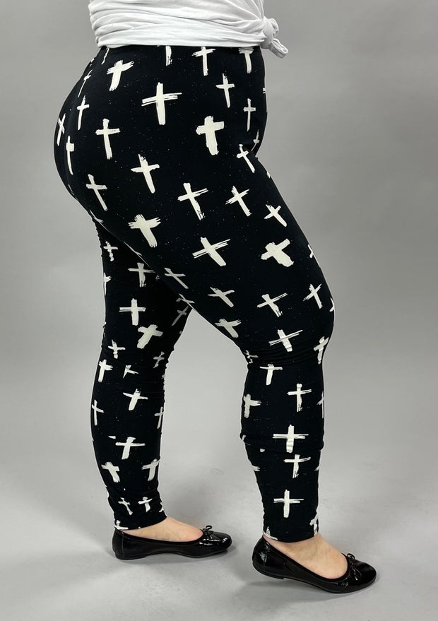 LEG-13 {Glamorous Crosses} Cross Printed Black Leggings EXTENDED PLUS SIZE