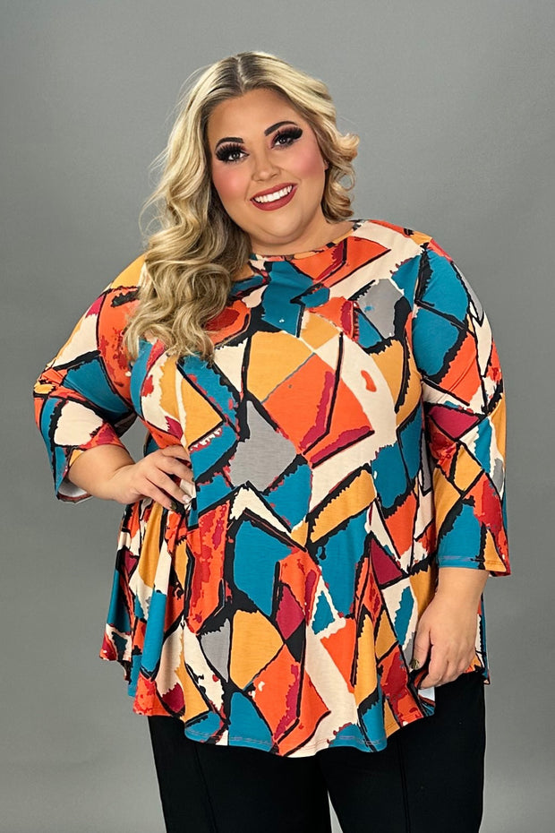 26 PQ {Better Be Sure} Rust Gold Teal Print Top EXTENDED PLUS SIZE 4X 5X 6X