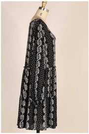 PLS-A {Little Darling}  Black & Ivory Floral  Print Elastic Sleeve  Dress