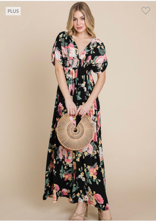 LD-G {Mellow Moment} Black Floral Smocked Maxi Dress PLUS SIZE 1X 2X 3X