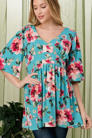 98 PSS-A {Living On Love} Turquoise Floral Print Top PLUS SIZE 1X 2X 3X