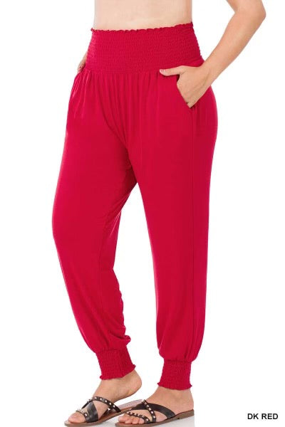 LEG-42 {Going Anywhere} Dk. Red Smocked Cuff Jogging Pants PLUS SIZE 1X 2X 3X