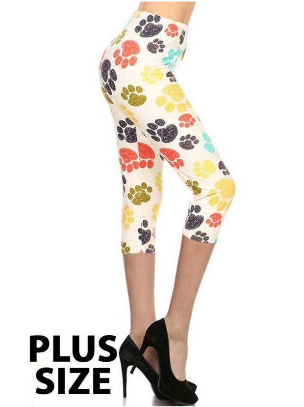 LEG-E {Ruff Ruff} Cream Paw Print Butter Soft Capri Leggings Plus Size