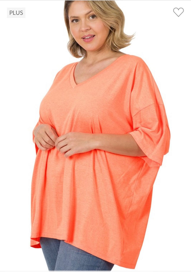 46 SSS-D {Charm Me} Neon Coral Oversized V-Neck Top PLUS SIZE 1X 2X 3X