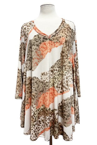 58 PQ {Spiced Latte} Coral/Mocha Print V-Neck Top EXTENDED PLUS SIZE 3X 4X 5X