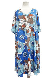 29 PSS {Joyful Journey} Blue/Tan Spotted Floral V-Neck Dress EXTENDED PLUS SIZE 4X 5X 6X