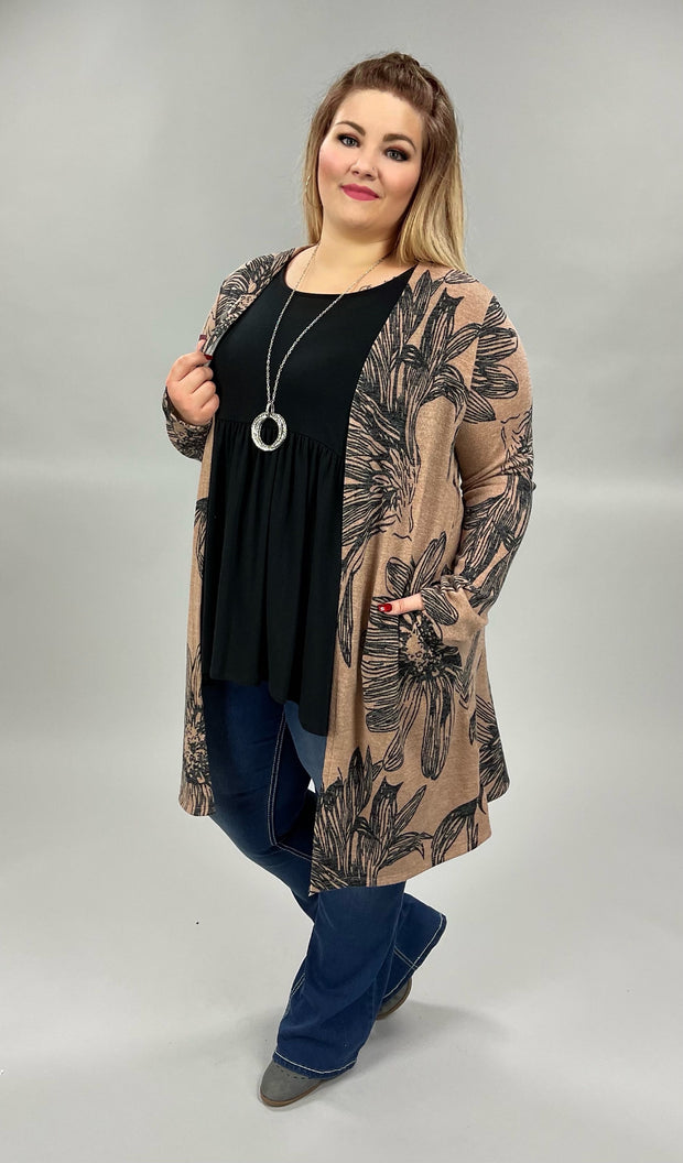 56 OT-B {My Ride Or Die} Taupe Floral Cardigan Plus Size 1X 2X 3X