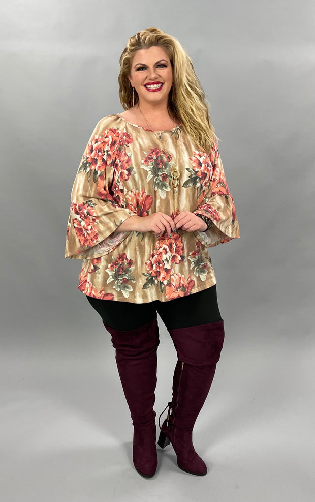 33 PQ-R {Find my way} Tan Coral Floral Bell Sleeve Tunic Plus Size 1X 2X 3X