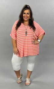 63 PSS-F {Good Energy} Coral Striped Top Cuffed Sleeves PLUS SIZE XL 2X 3X