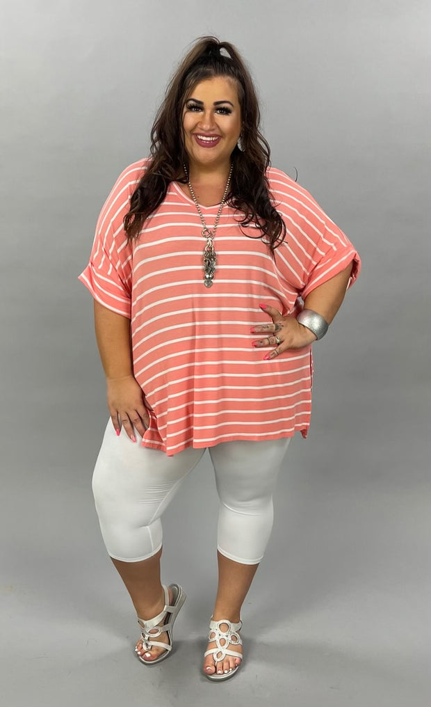 63 PSS-F {Good Energy} Coral Striped Top Cuffed Sleeves PLUS SIZE XL 2X 3X