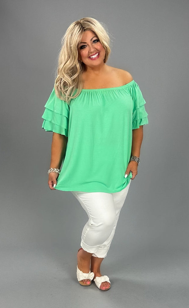 76 OS-B {Here For You} Mint Off Shoulder Ruffle Sleeve Top PLUS SIZE 1X 2X 3X