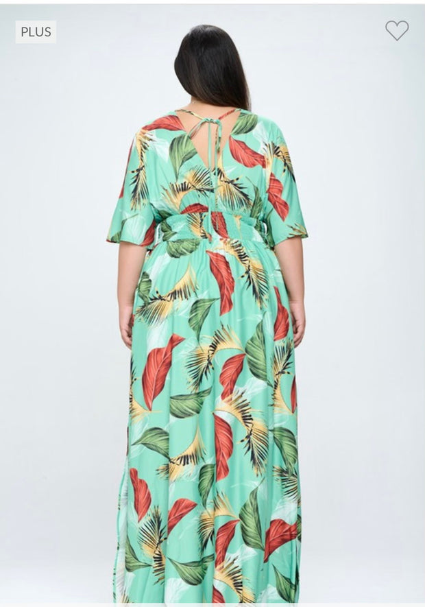 LD-D {Island Escape} Lt Green Palm Printed Lined Dress PLUS SIZE XL 2X 3X