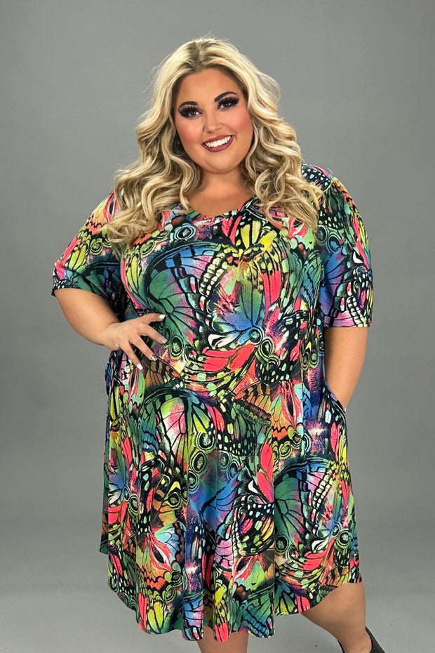 75 PSS-U {Hoping To Fly} Blue Green Butterfly V-Neck Dress  EXTENDED PLUS SIZE 1X 2X 3X 4X 5X