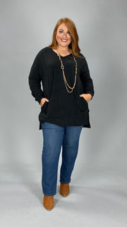 56 SLS-H {Cozy Nights} Black V-Neck Long Sleeve Top PLUS SIZE 1X 2X 3X