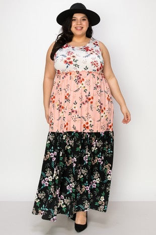 LD-O {Florally Yours} Multi-Color Floral Tiered Maxi Dress PLUS SIZE XL 2X 3X